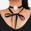Retro Accessories White Flower Long Black Ribbon Tied Choker Necklace