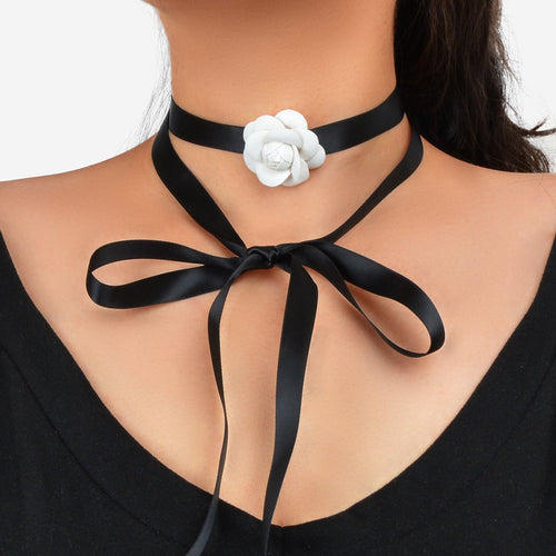 Retro Accessories White Flower Long Black Ribbon Tied Choker Necklace
