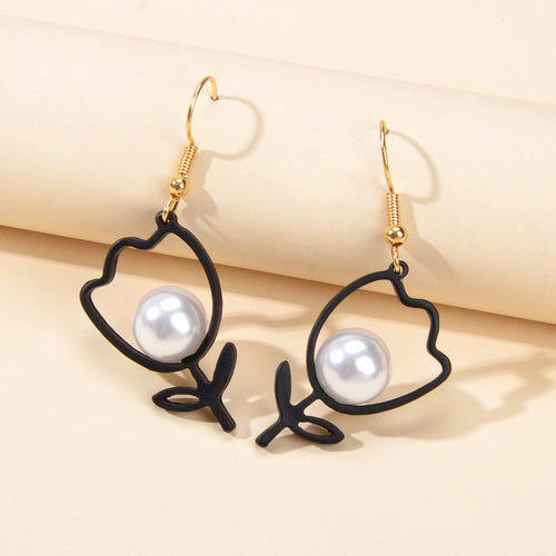 Retro Accessories Pearl Black Flower Dangle Earrings Nice Ladies Teens