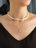 Textured Accessories Double layer Chain Pearl Choker Fish Tail Pendant
