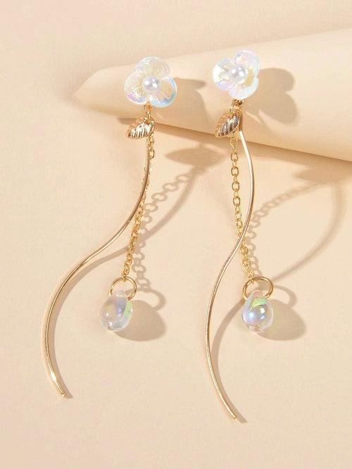 White Flower Gold Chain Dangle Earrings Women Accessories Tassel Stud