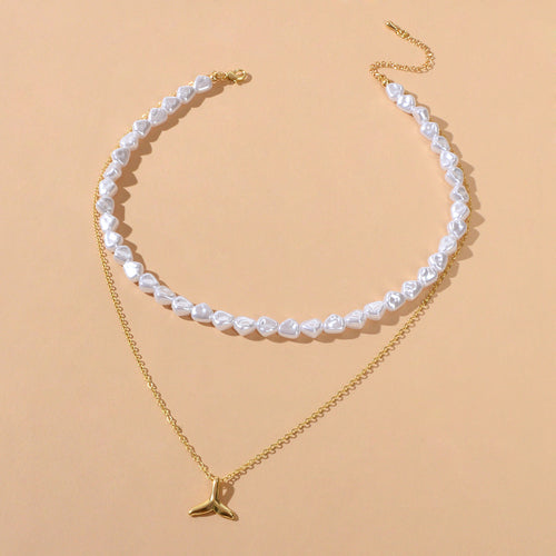 Textured Accessories Double layer Chain Pearl Choker Fish Tail Pendant