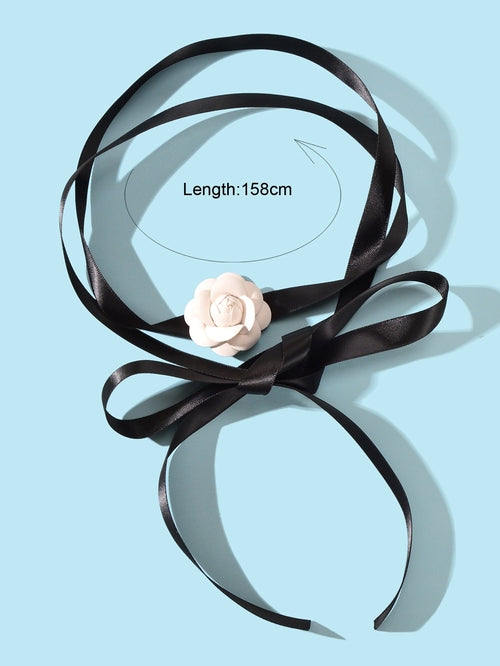 Retro Accessories White Flower Long Black Ribbon Tied Choker Necklace