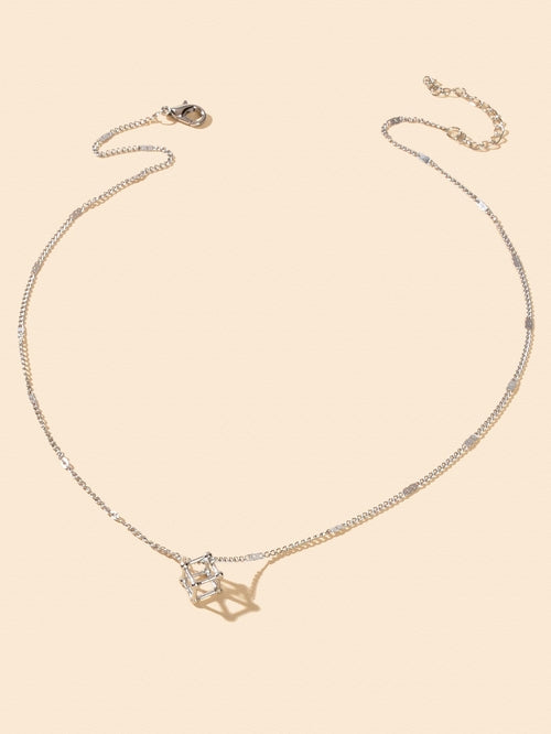 Silver Chain 3D Cube Pendant Necklace Popular Accessories Party Gift