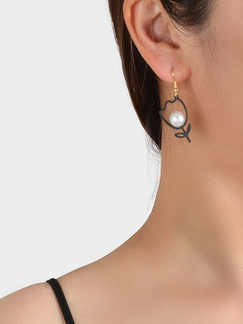 Retro Accessories Pearl Black Flower Dangle Earrings Nice Ladies Teens