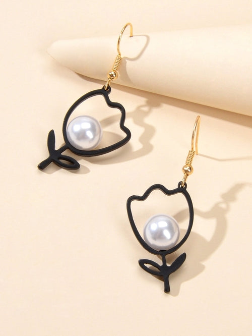 Retro Accessories Pearl Black Flower Dangle Earrings Nice Ladies Teens