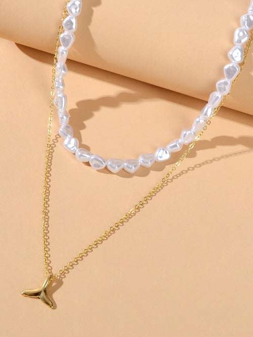 Textured Accessories Double layer Chain Pearl Choker Fish Tail Pendant