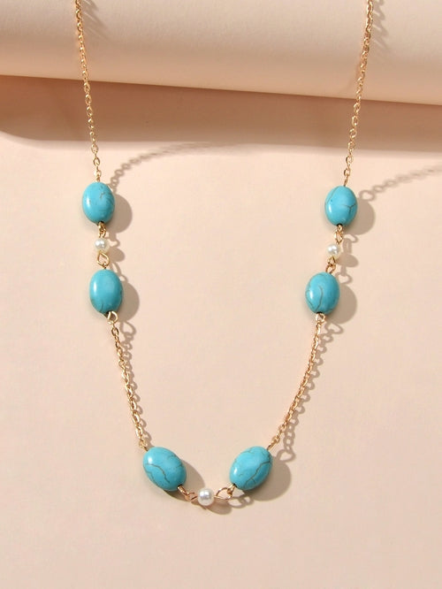 Ethnic Traditional Gold Chain Turquoise Necklace Boho Chic Accessories