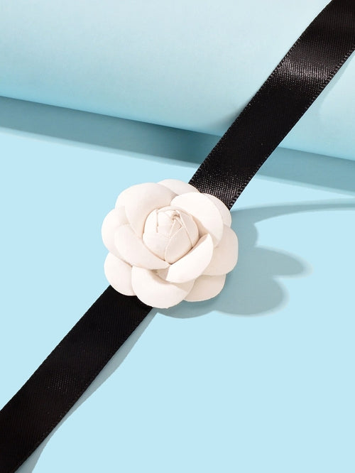 Retro Accessories White Flower Long Black Ribbon Tied Choker Necklace