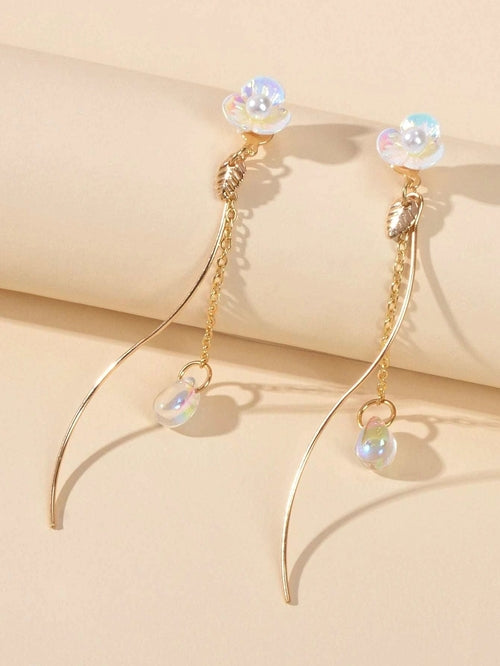 White Flower Gold Chain Dangle Earrings Women Accessories Tassel Stud