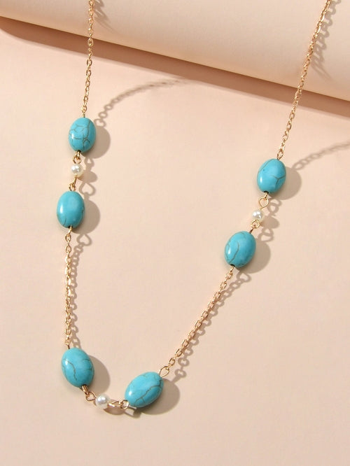 Ethnic Traditional Gold Chain Turquoise Necklace Boho Chic Accessories