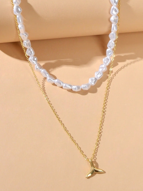 Textured Accessories Double layer Chain Pearl Choker Fish Tail Pendant