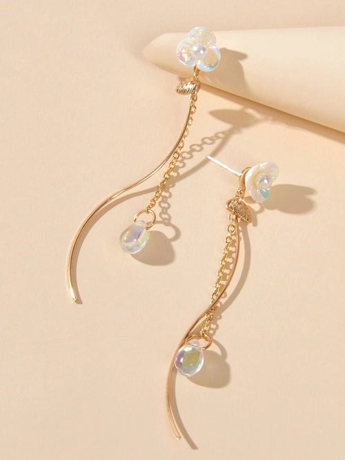 White Flower Gold Chain Dangle Earrings Women Accessories Tassel Stud
