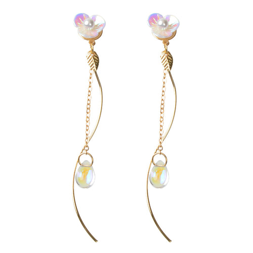 White Flower Gold Chain Dangle Earrings Women Accessories Tassel Stud