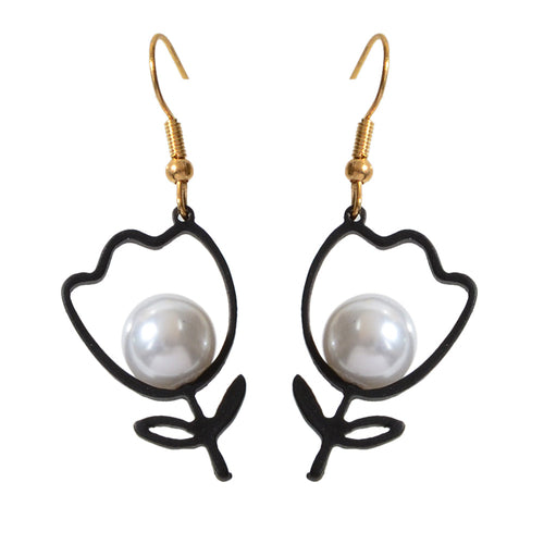 Retro Accessories Pearl Black Flower Dangle Earrings Nice Ladies Teens